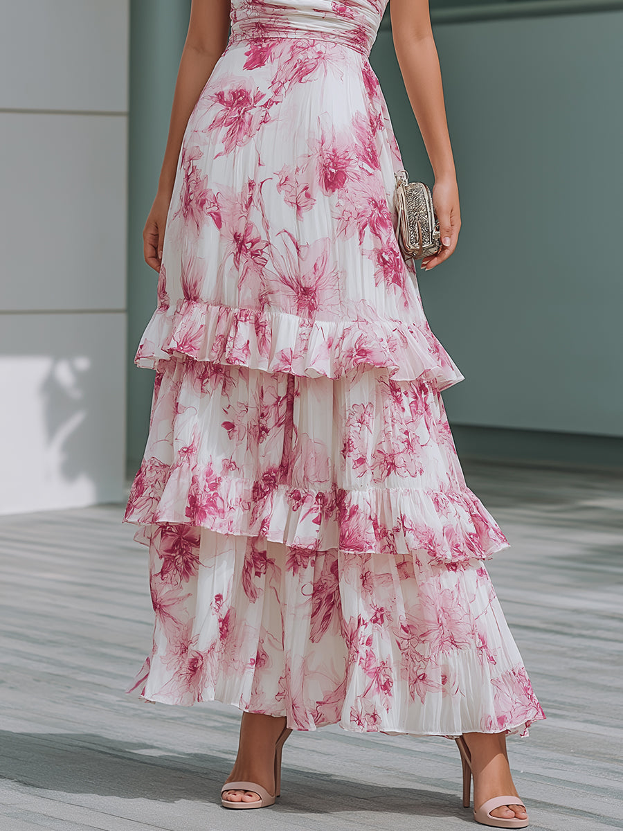 Romantic Floral One-Shoulder Ruffled Tiered Maxi Dress