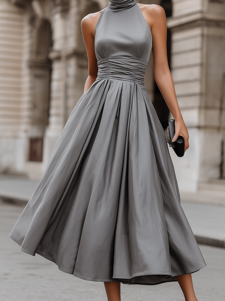 Ruched Halter-Neck Full Skirt Maxi Dress