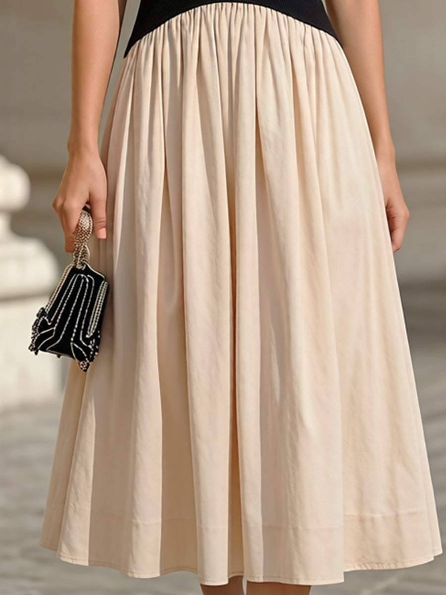 Black Ribbed Knit Top & Beige Pleated Skirt Two-Piece Midi Dress
