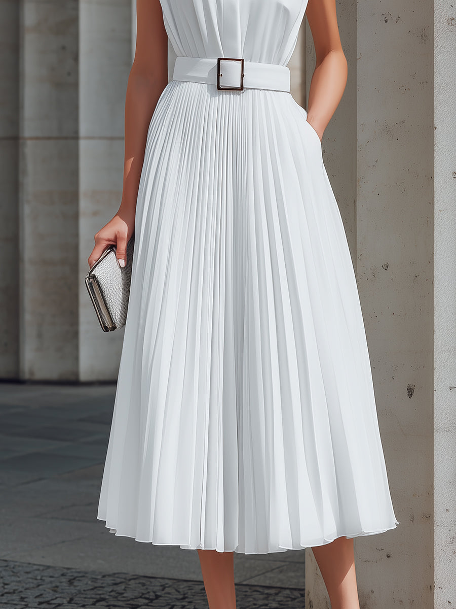 High Neck Pleated Belted Midi Dress