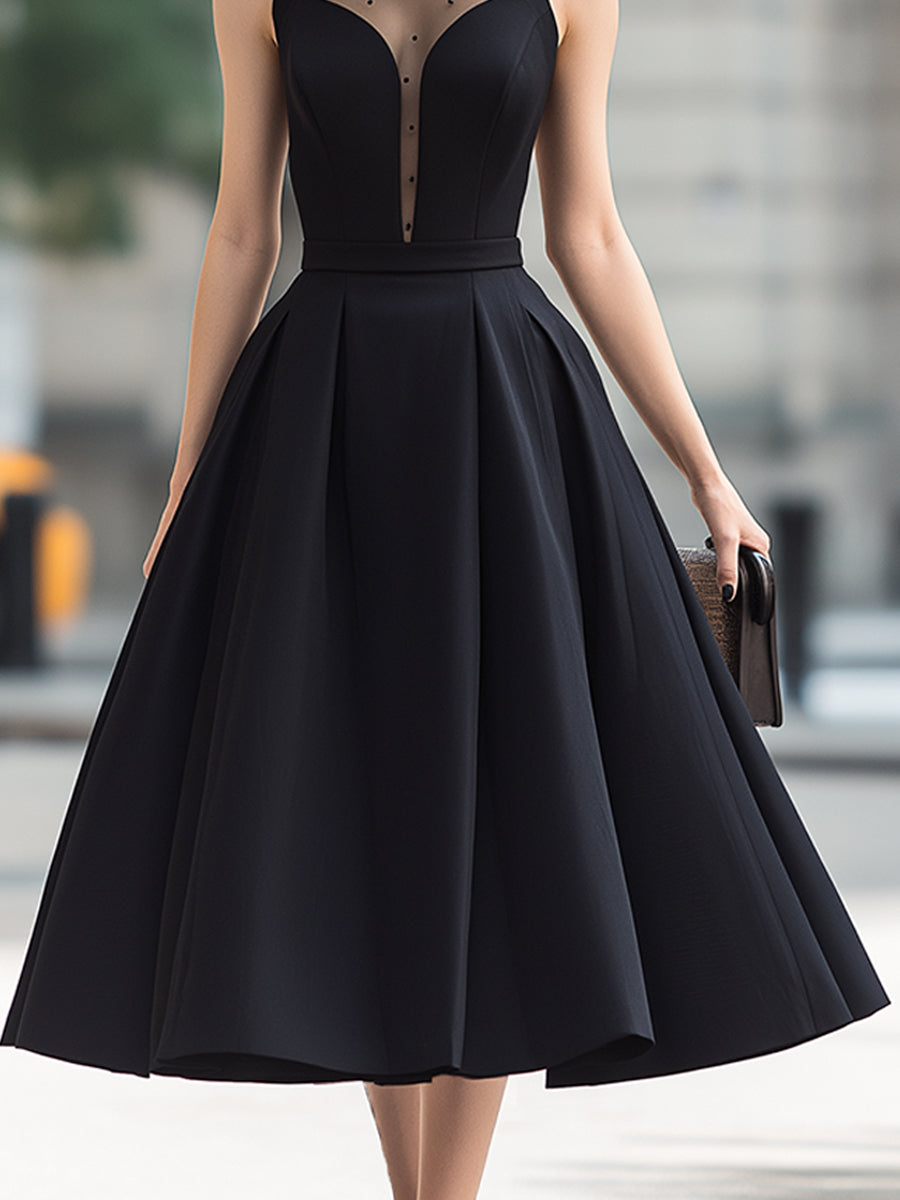Sheer Panel High-Neck Pleated Midi Dress