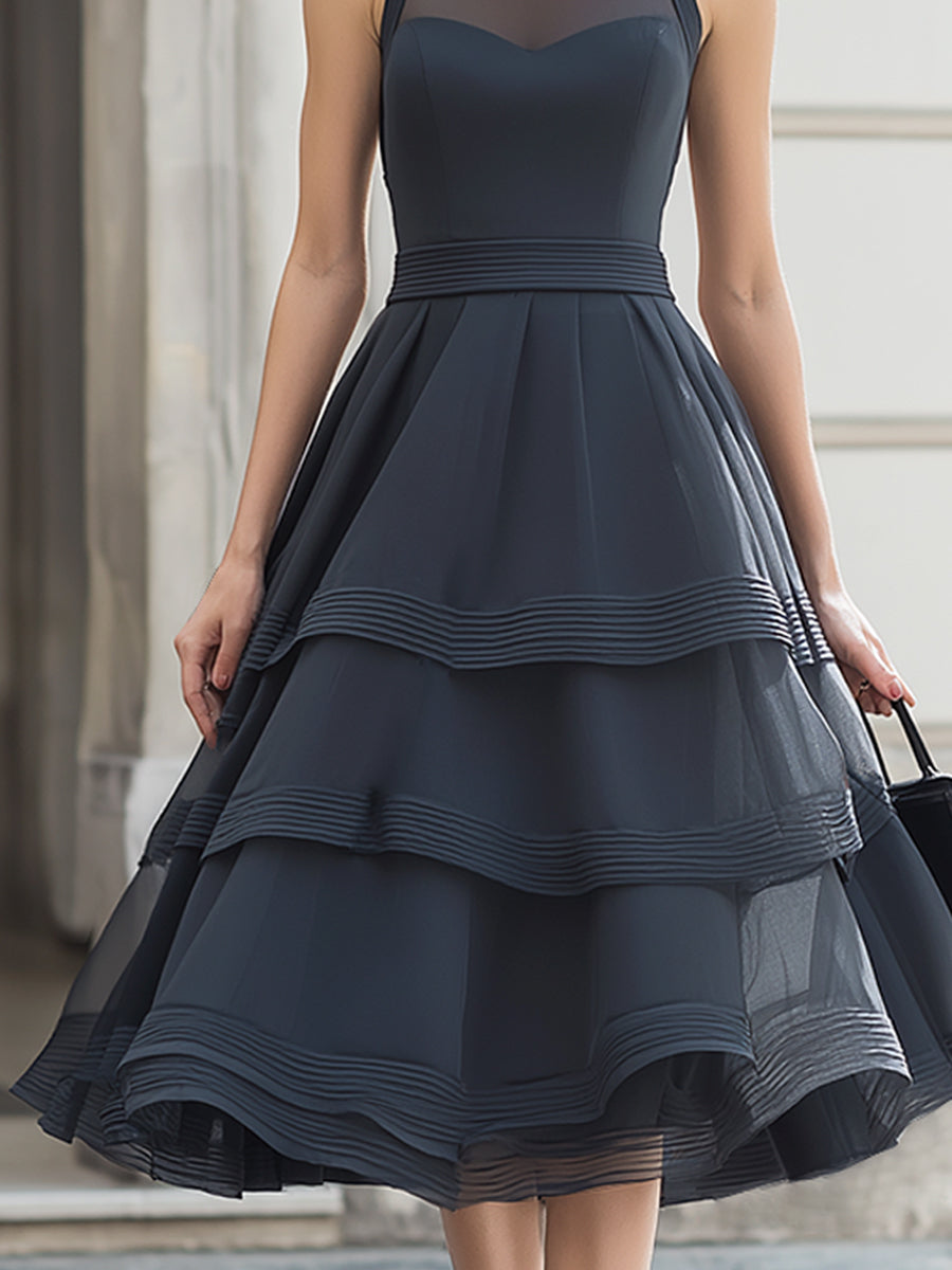 High-Neck Sheer Panel Tiered Ruffle Midi Dress