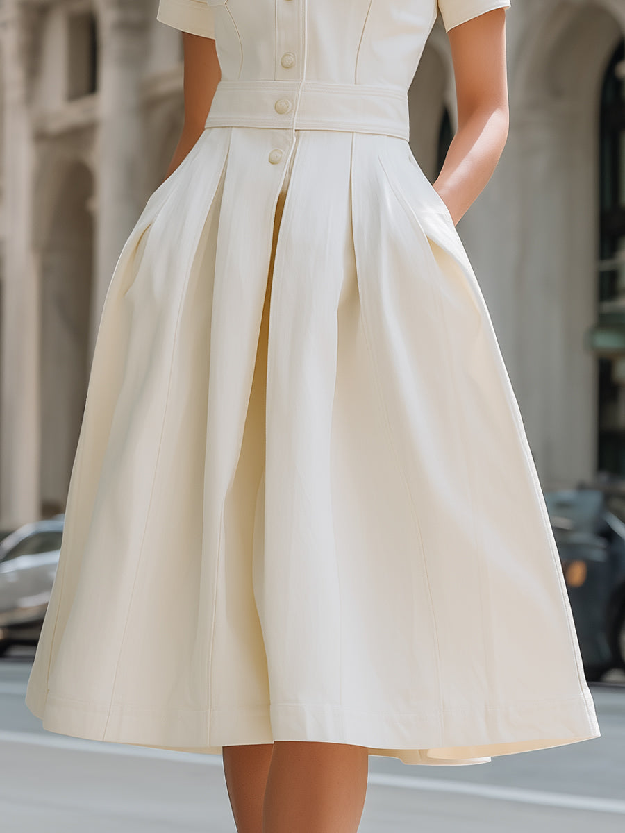 Collared Button-Front Pleated A-Line Midi Dress