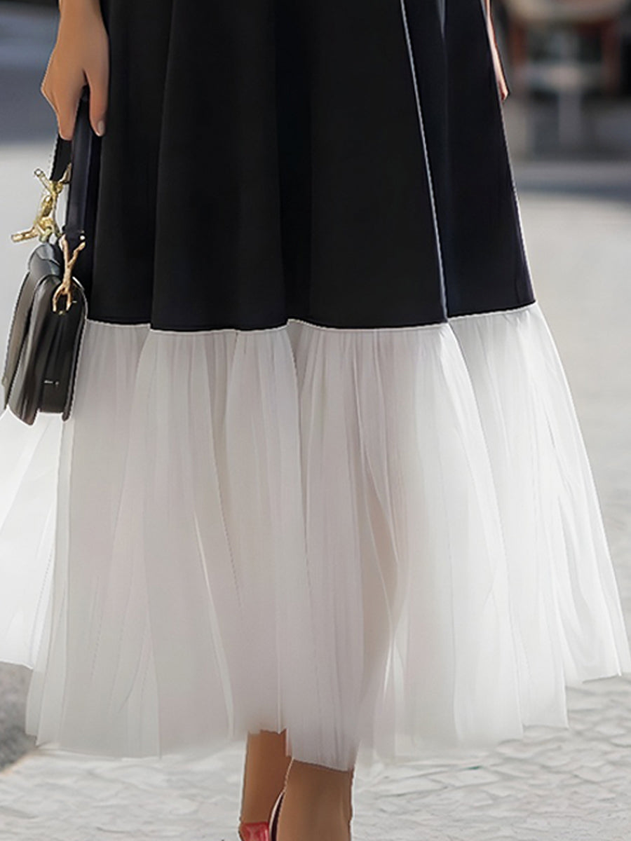 Sleeveless Contrast Collar Mesh Hem Midi Dress