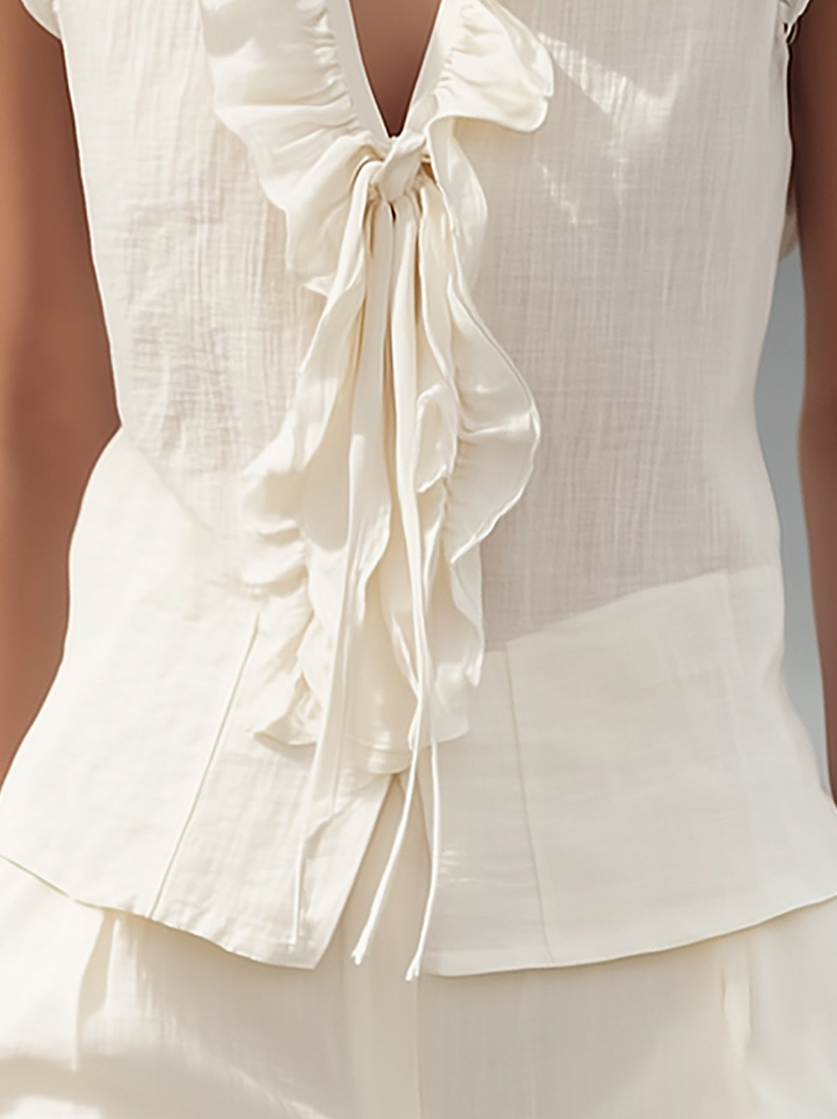 Cream Linen Blend Ruffle Top