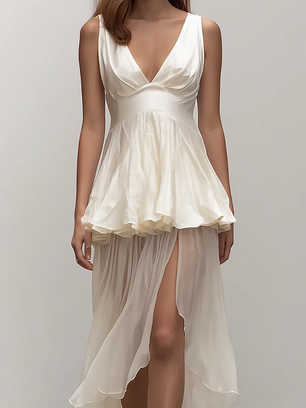 Romantic High Low Hem Satin Chiffon Dress