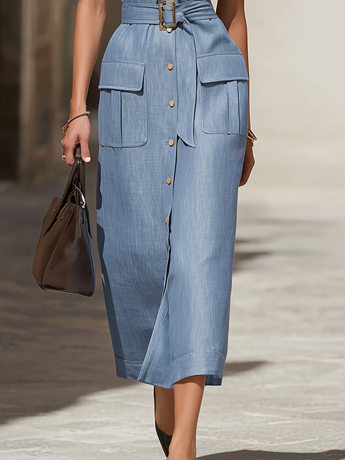 Elegant Light Blue Sleeveless Belted Midi Dress