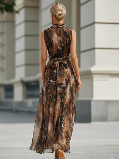 Sleeveless Printed Wrap Bodice Flowing Midi Dress