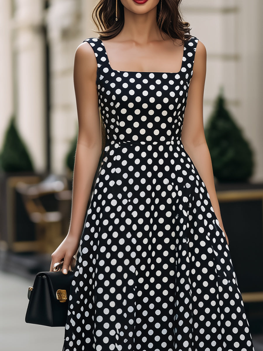 Black & White Polka Dot Square Neck Sleeveless Fit-and-Flare Midi Dress