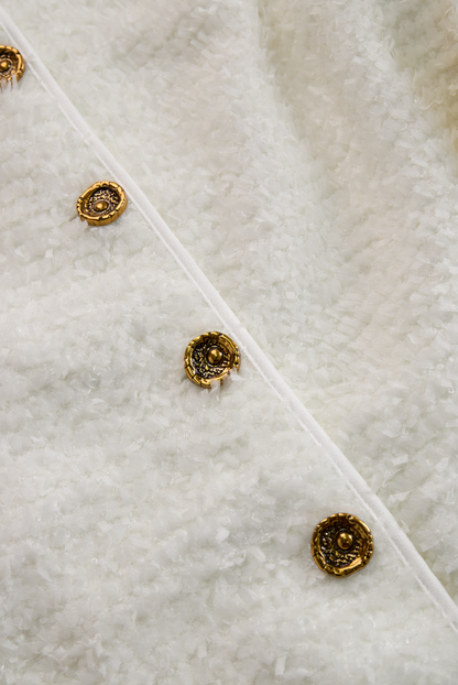 Ivory Tweed Button-Down Midi Dress With Patch Pockets