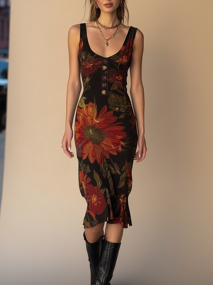 Vintage Floral Print Sleeveless Dress