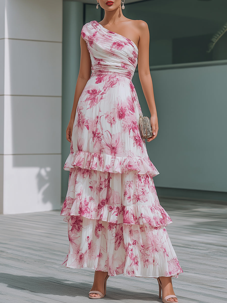 Romantic Floral One-Shoulder Ruffled Tiered Maxi Dress