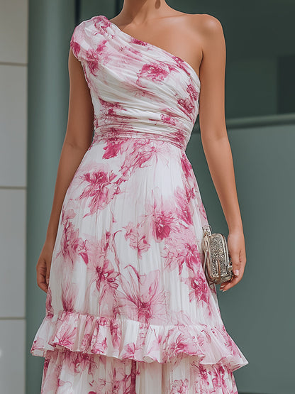 Romantic Floral One-Shoulder Ruffled Tiered Maxi Dress
