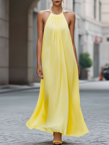 Pleated Halter Neck Flowing Maxi Dress