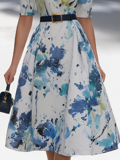 White & Blue Ink Floral Shirt Dress With Belt Midi Dress