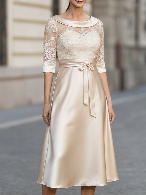 Lace Bodice Satin Skirt Midi Dress With Bow Belt