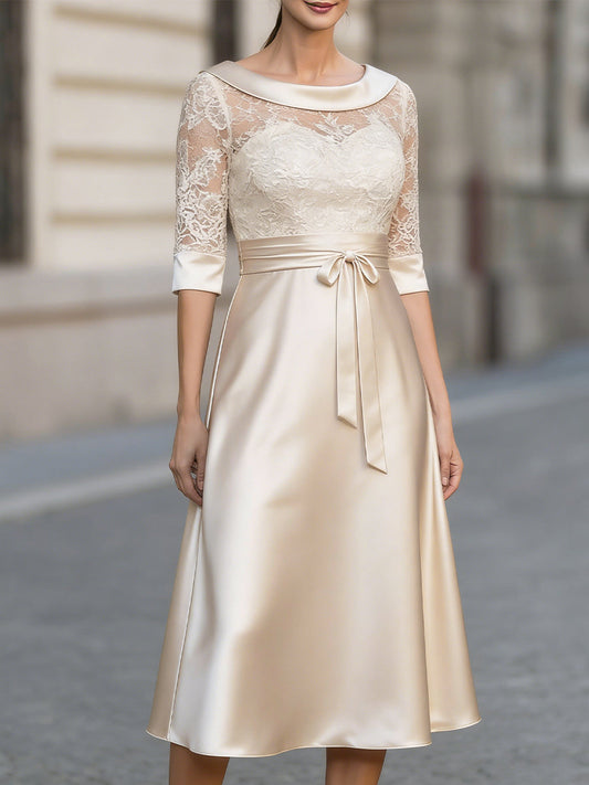 Lace Bodice Satin Skirt Midi Dress With Bow Belt