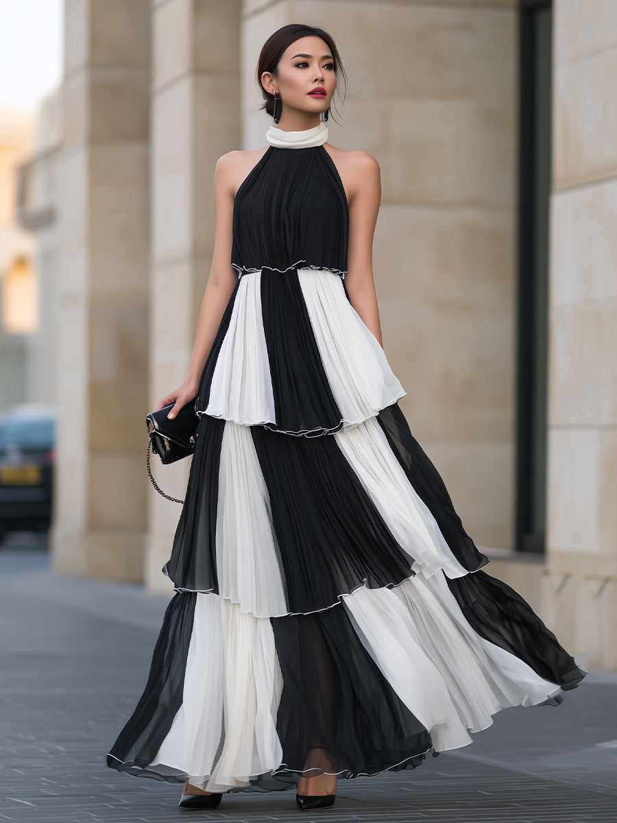 Pleated Color-Block Tiered Halter Maxi Dress