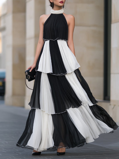 Pleated Color-Block Tiered Halter Maxi Dress