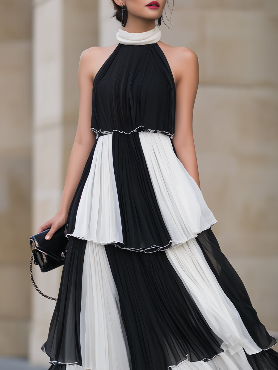 Pleated Color-Block Tiered Halter Maxi Dress
