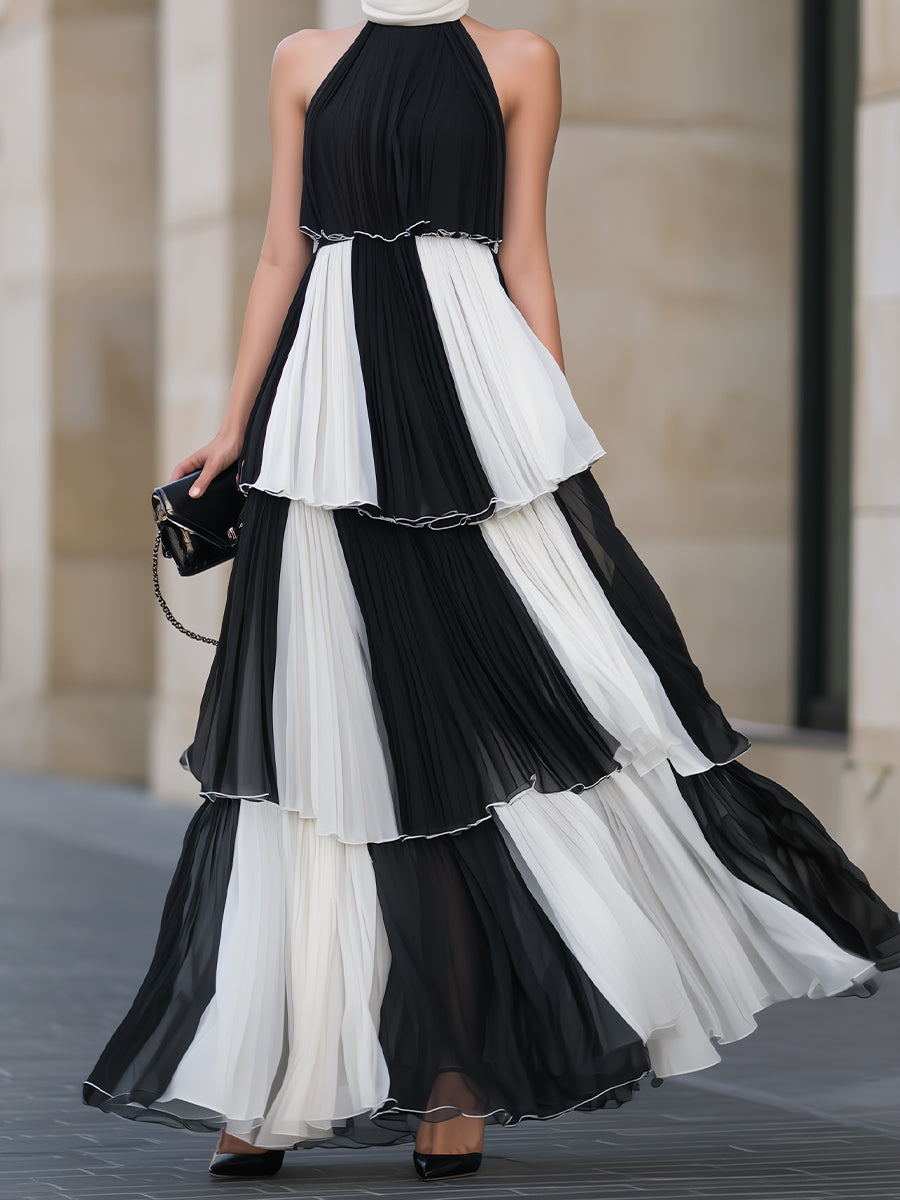Pleated Color-Block Tiered Halter Maxi Dress