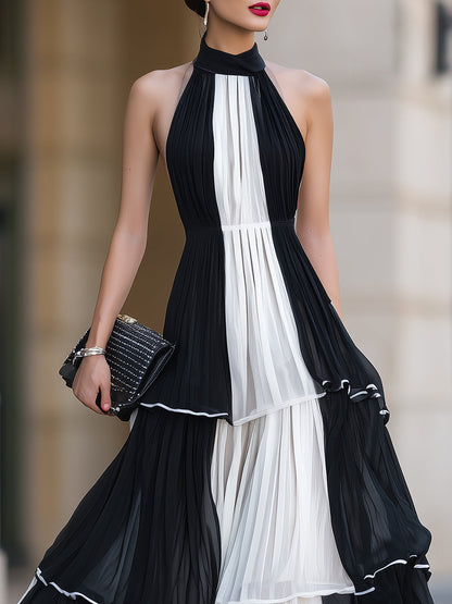 Contrast Pleated Tiered Halter Maxi Dress