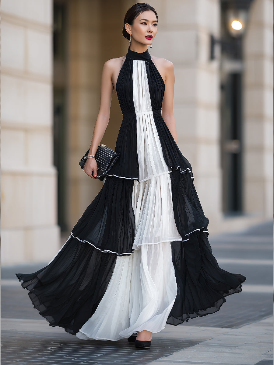 Contrast Pleated Tiered Halter Maxi Dress