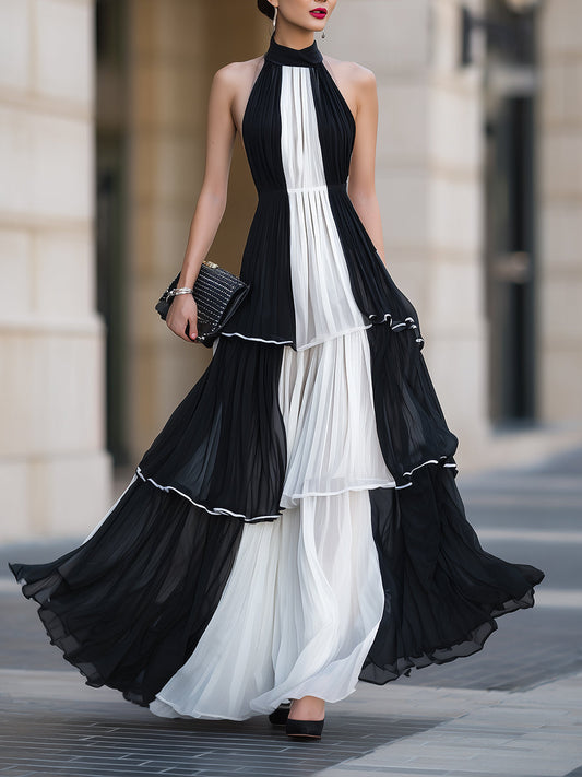 Contrast Pleated Tiered Halter Maxi Dress