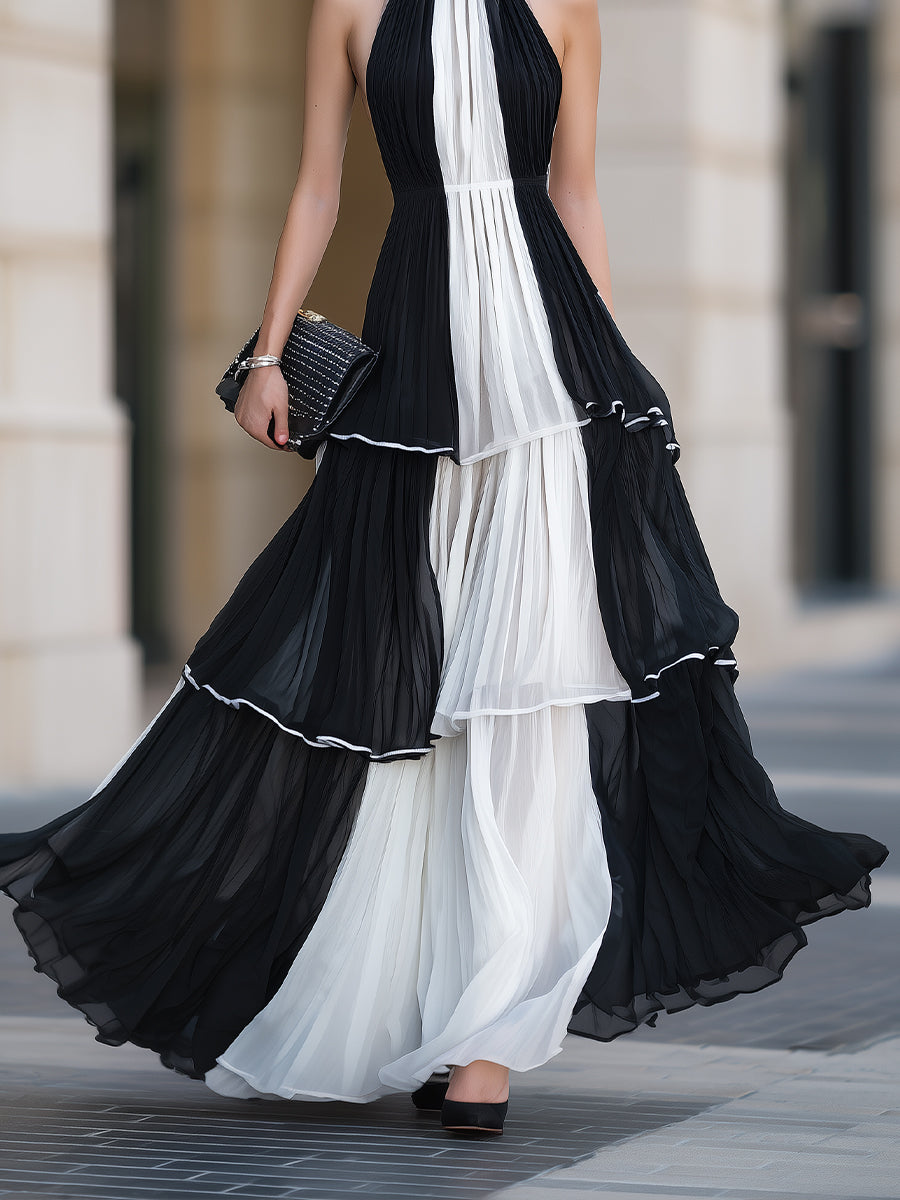 Contrast Pleated Tiered Halter Maxi Dress