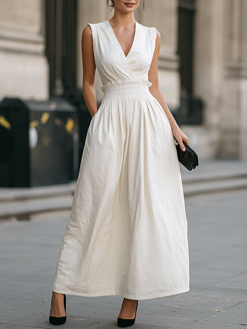 Ruched Waist Sleeveless V-Neck Maxi Dress
