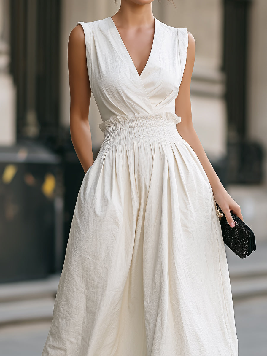 Ruched Waist Sleeveless V-Neck Maxi Dress