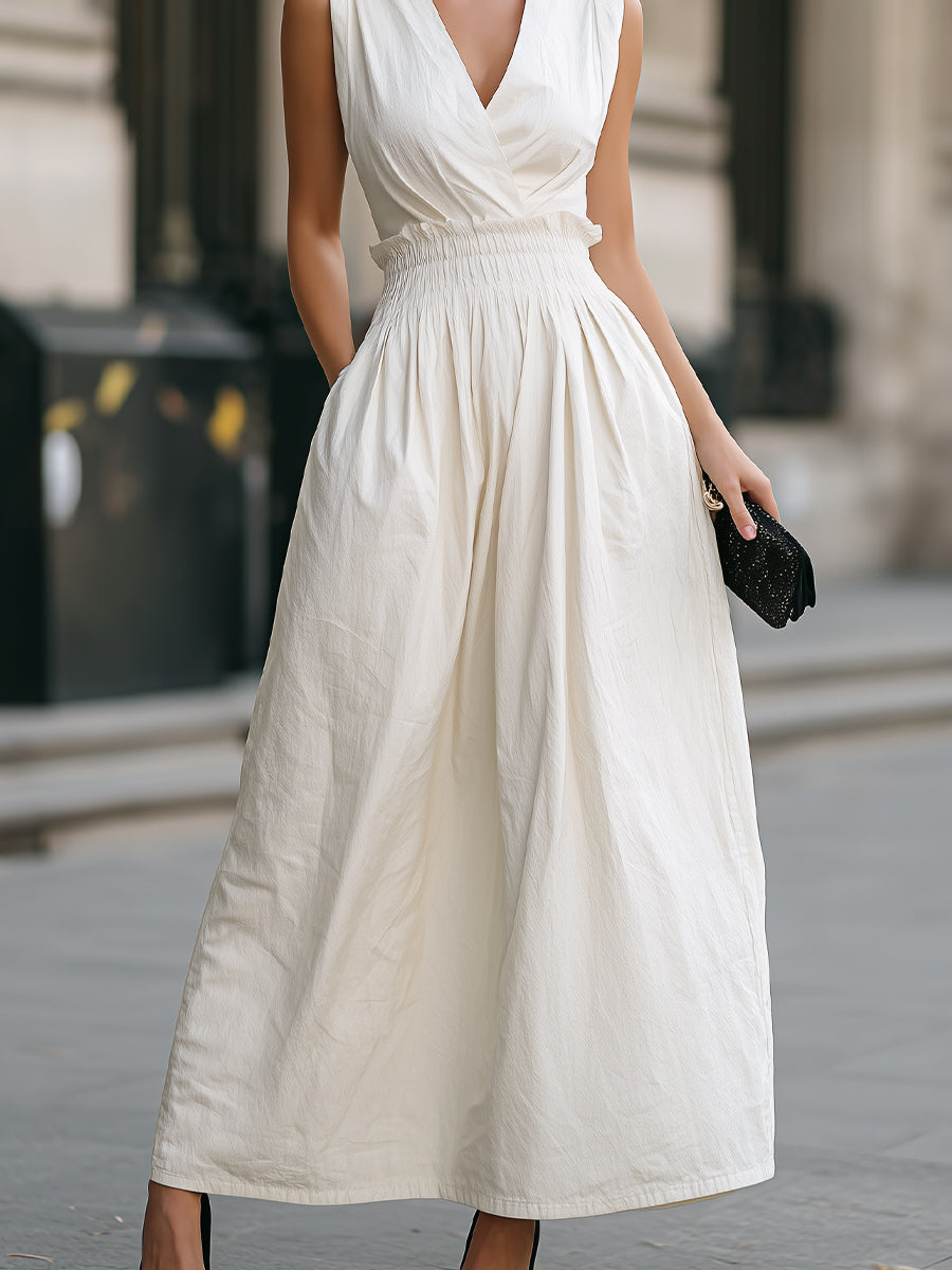 Ruched Waist Sleeveless V-Neck Maxi Dress