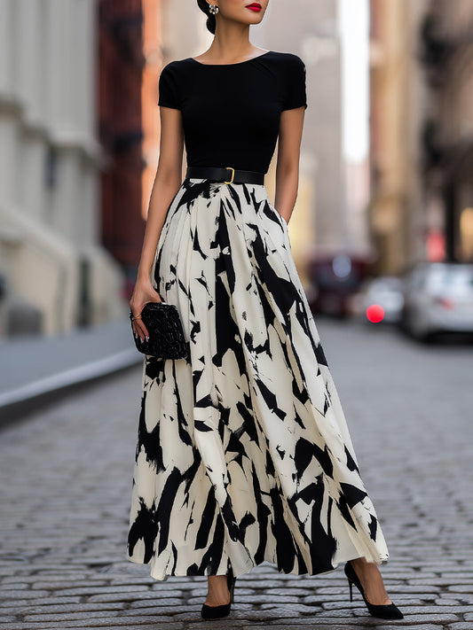 Abstract Print Pleated Maxi Skirt Two-Piece Set