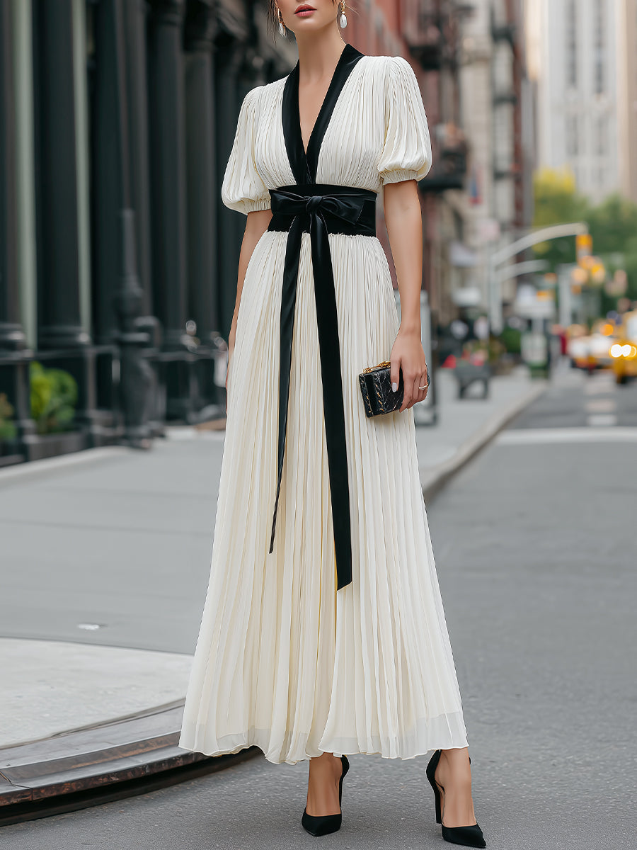 Contrast Trim Pleated Maxi Dress With Tie Waist