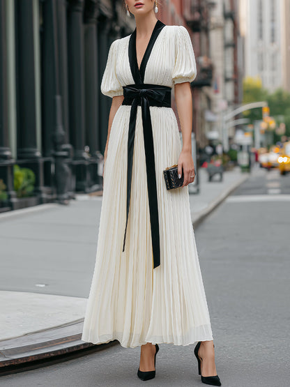 Contrast Trim Pleated Maxi Dress With Tie Waist