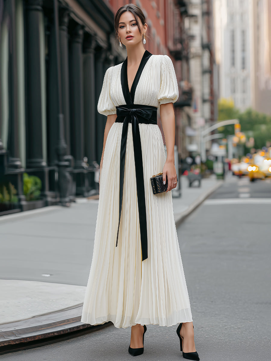 Contrast Trim Pleated Maxi Dress With Tie Waist
