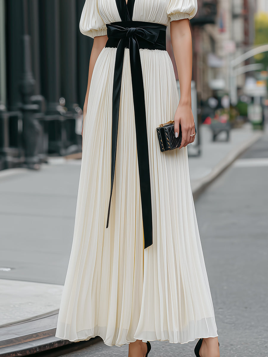 Contrast Trim Pleated Maxi Dress With Tie Waist