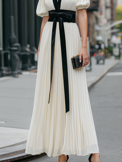 Contrast Trim Pleated Maxi Dress With Tie Waist