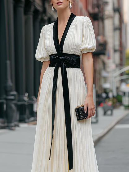 Contrast Trim Pleated Maxi Dress With Tie Waist