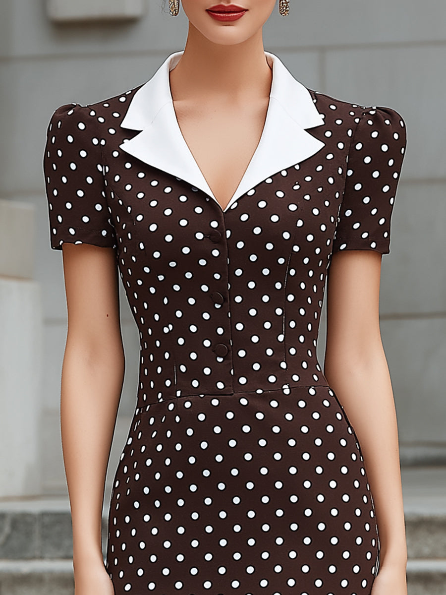 Polka Dot Contrast Collar Tailored Midi Dress