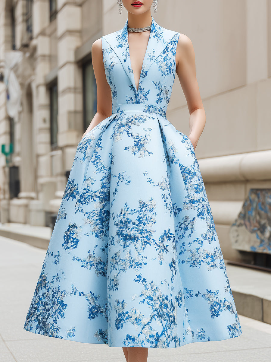 Floral Print Deep V-Neck Sleeveless A-Line Midi Dress