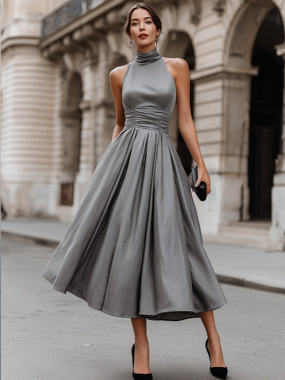 Ruched Halter-Neck Full Skirt Maxi Dress