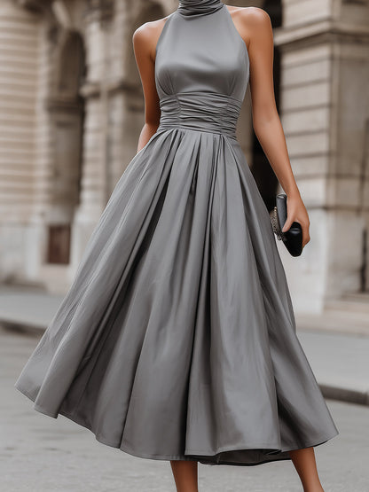 Ruched Halter-Neck Full Skirt Maxi Dress