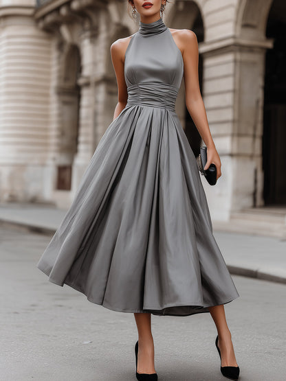 Ruched Halter-Neck Full Skirt Maxi Dress