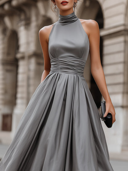 Ruched Halter-Neck Full Skirt Maxi Dress