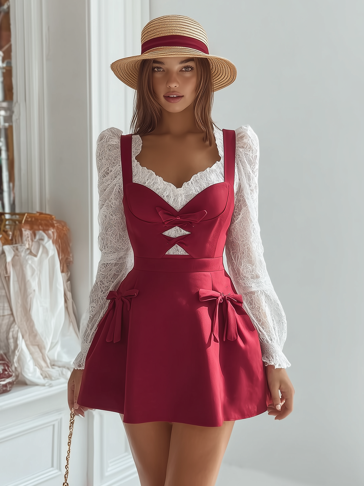 White Lace Top Red Bow Mini Dress Set