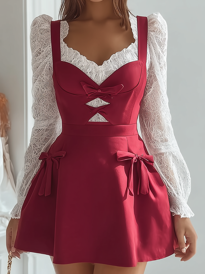 White Lace Top Red Bow Mini Dress Set