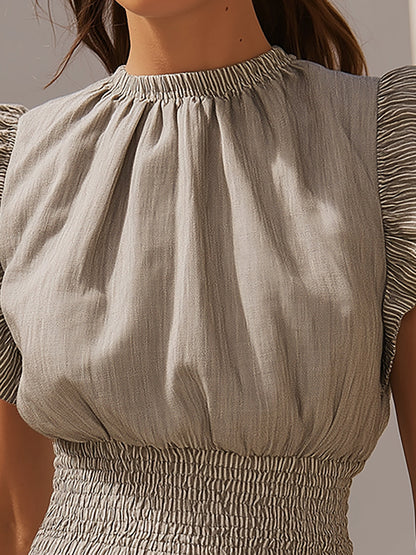 Grey Linen Blend Ruffle Sleeve Smocked Top