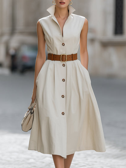 Sleeveless Stand Collar Belted Midi Dress With Brown Buttons