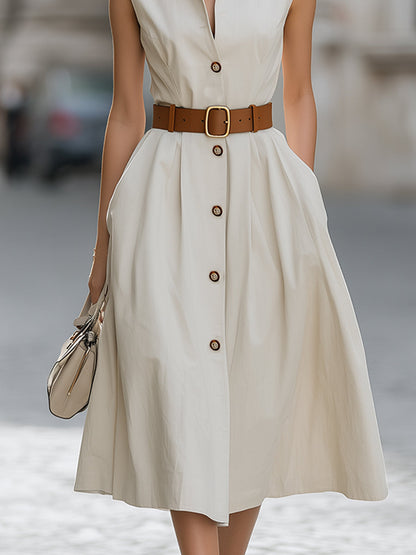 Sleeveless Stand Collar Belted Midi Dress With Brown Buttons
